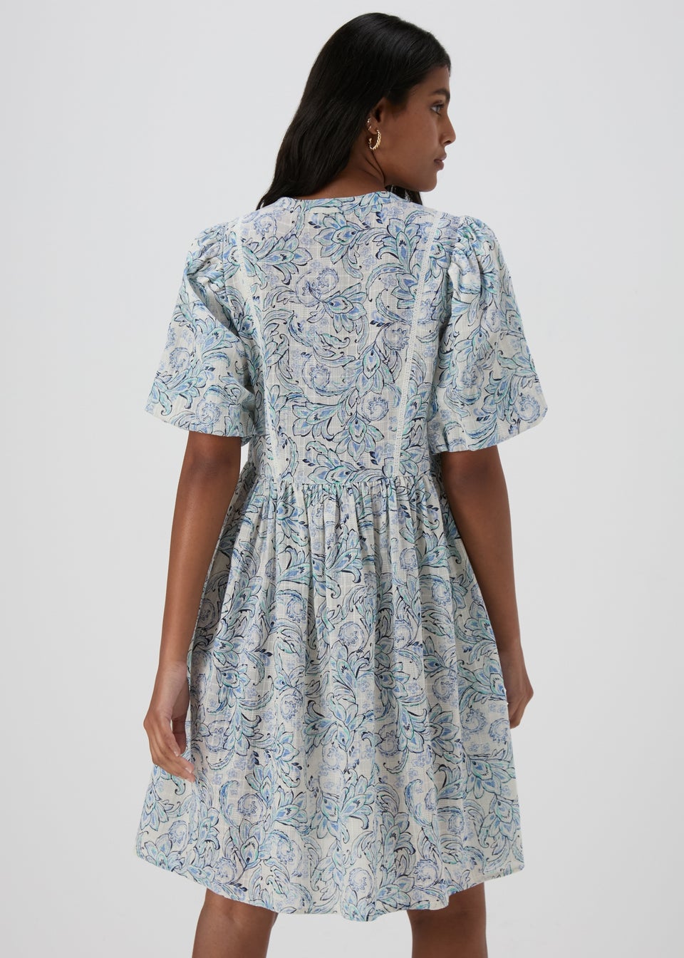 White Paisley Puff Sleeve Mini Dress