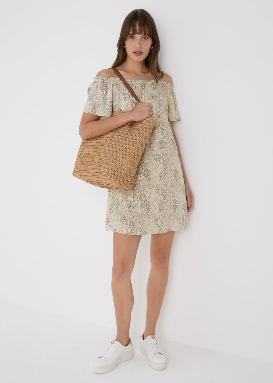 Beige Patterned Bardot Dress Matalan