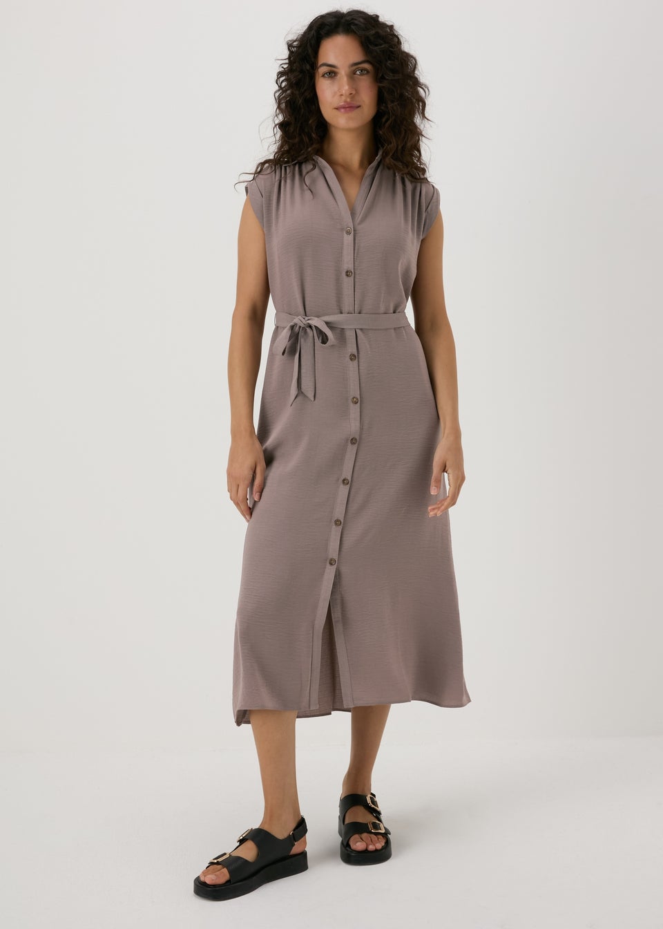 Brown Button Through Shirt Midi Shirt Dress