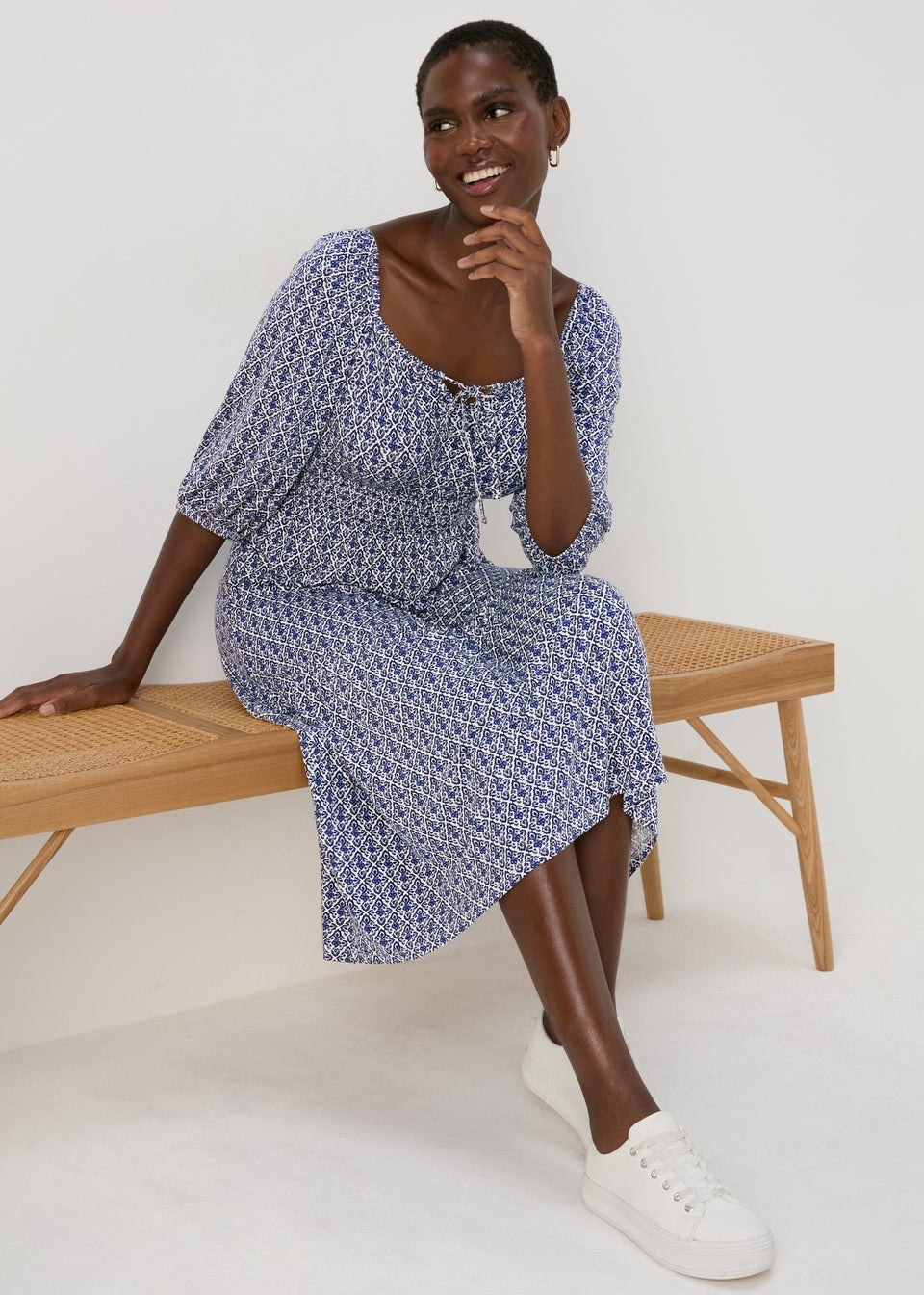 Blue Tile Print Shirred Midi Dress