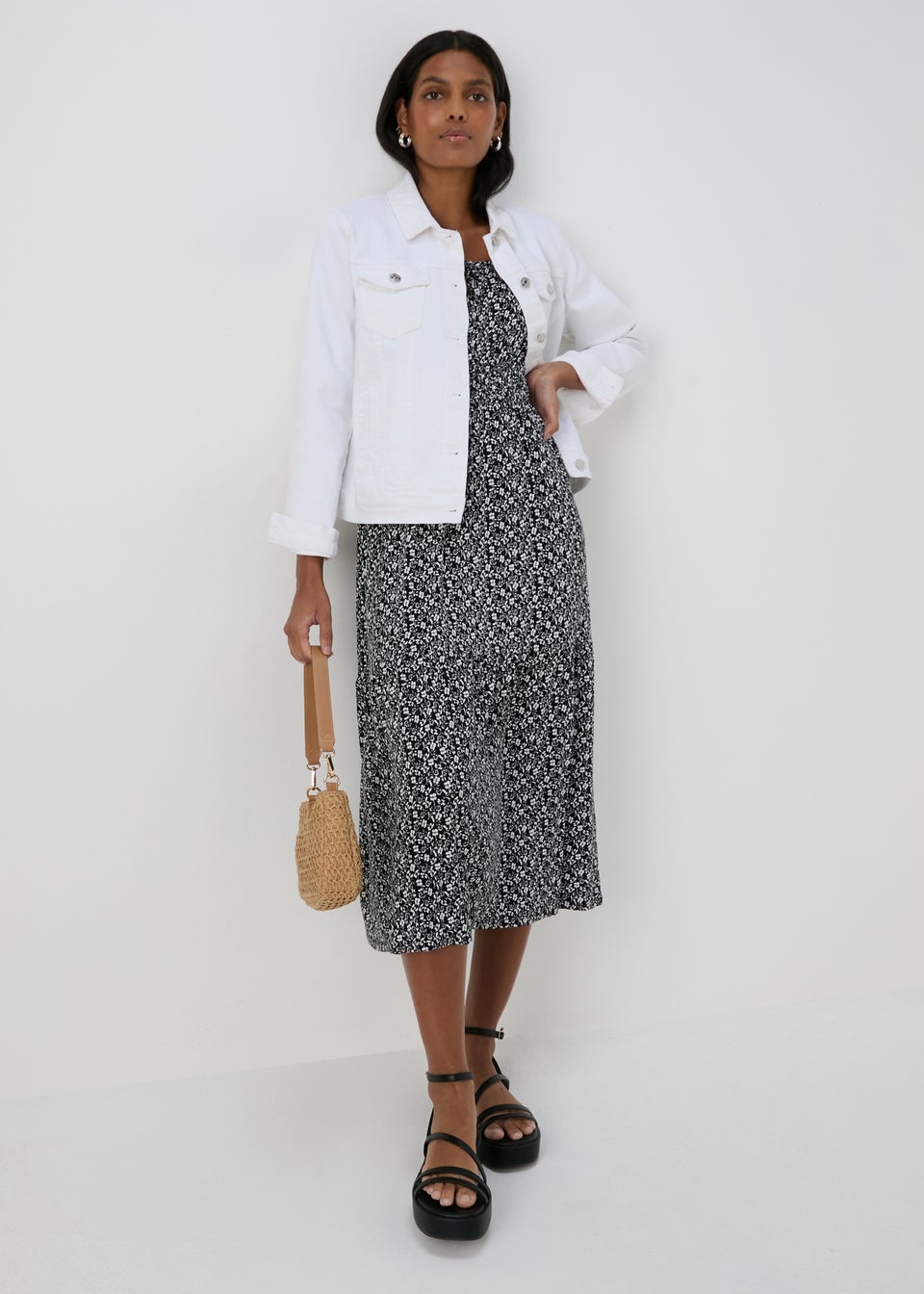 Black Ditsy Floral Shirred Midi Dress - Matalan