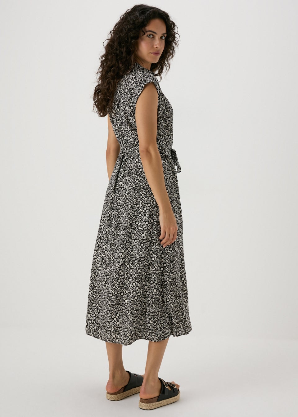 Black Floral Viscose Shirt Midi Dress