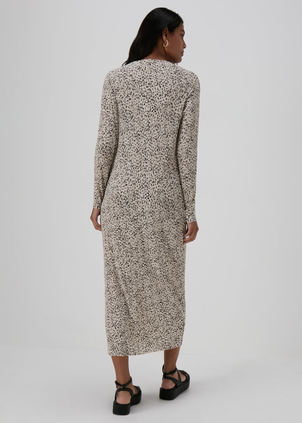 Cream Spot Print Plisse Midi Dress