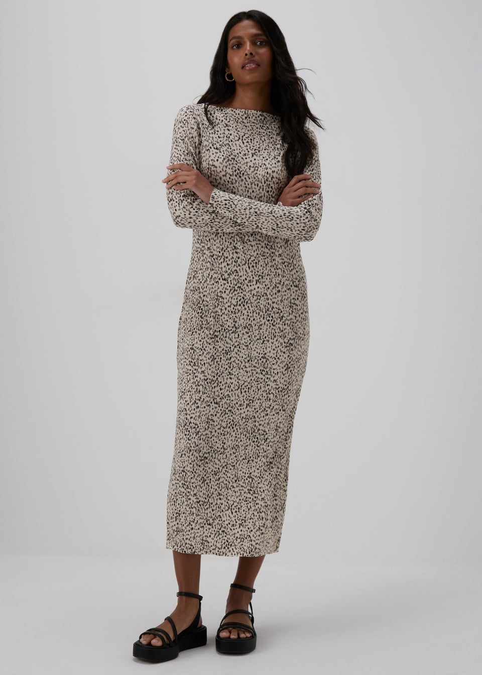 Cream Spot Print Plisse Midi Dress