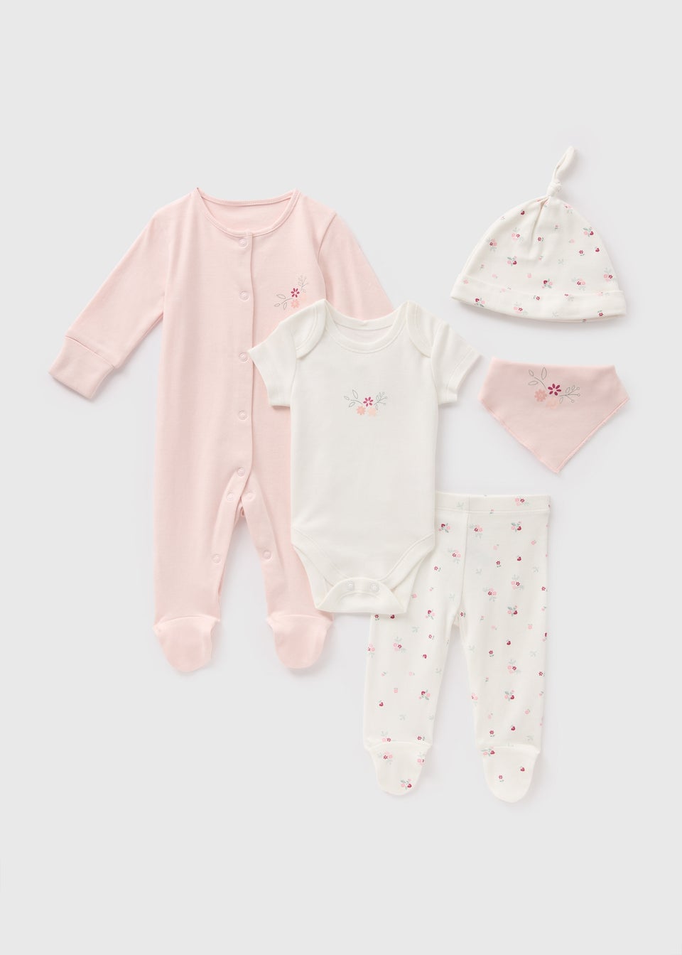 5 Pack Baby Pink Flower Sleepsuit Set Newborn 6mths Matalan