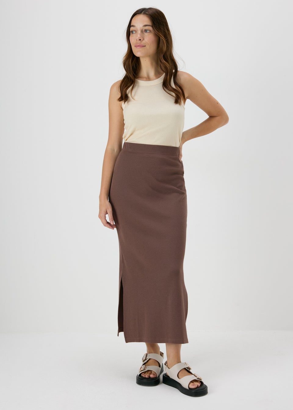 Brown Ribbed Midi Skirt Matalan