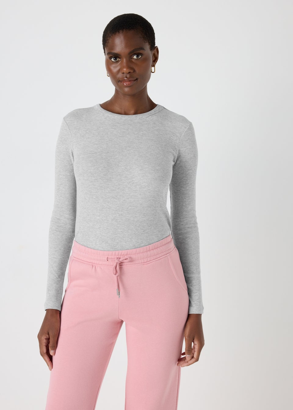 Grey Ribbed Long Sleeve Top