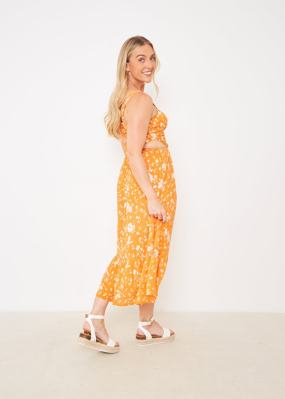 In The Style Orange Floral Cut Out Midi Dress