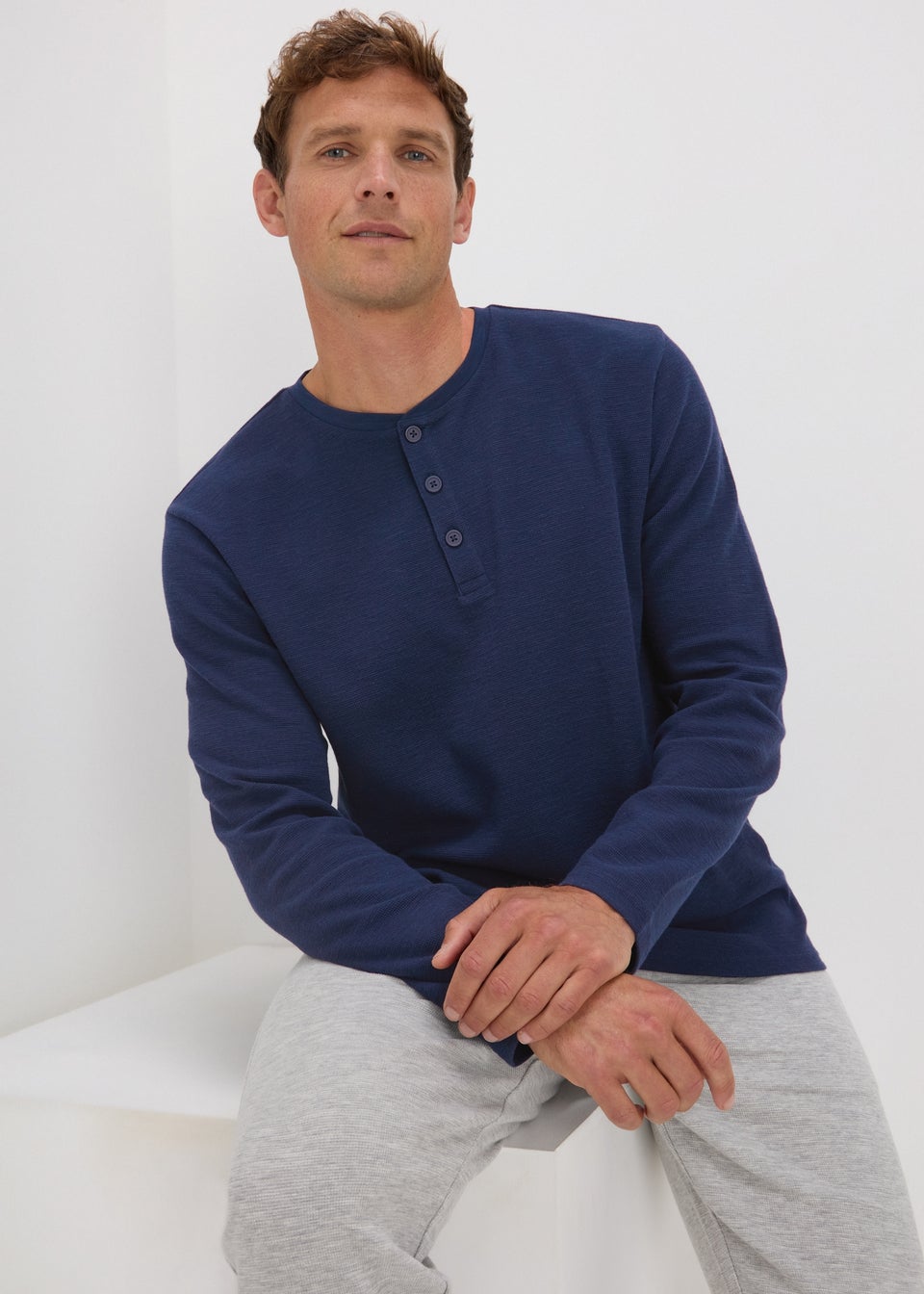 Navy Textured Long Sleeve Pyjama Top Matalan