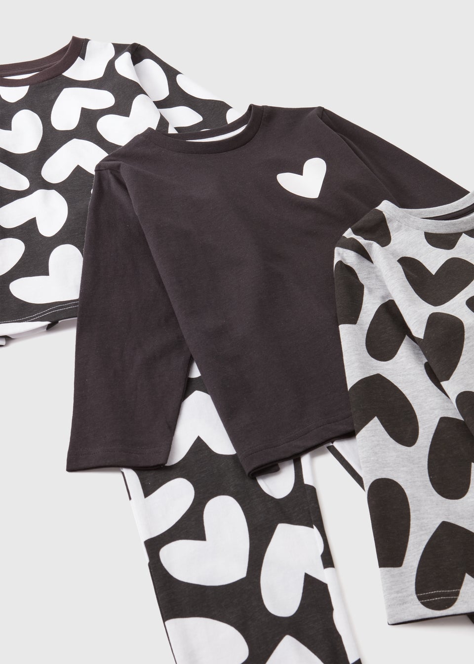 3 Pack Girls Black Heart Top Bottoms Pyjama Set 7 13yrs Matalan