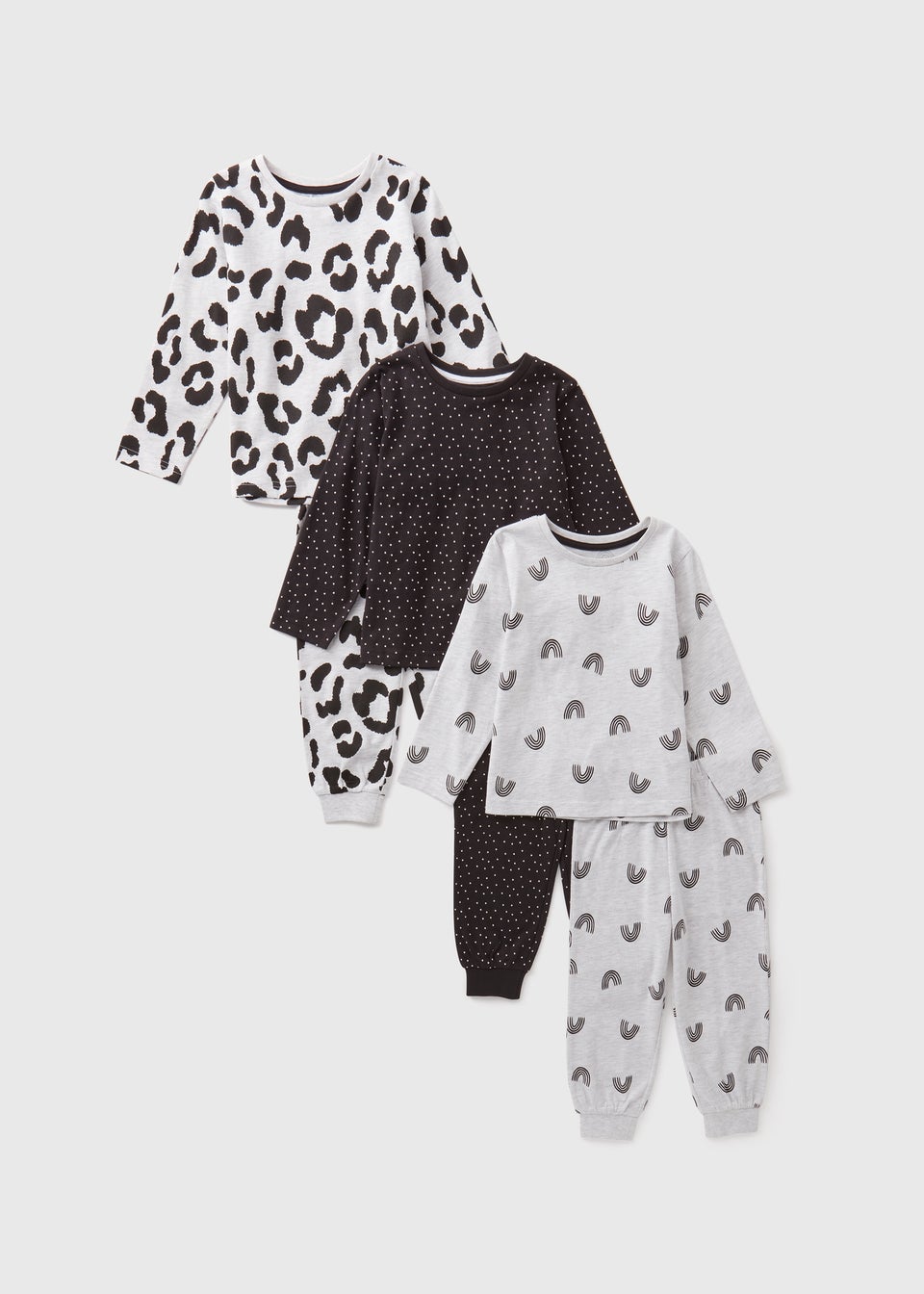 3 Pack Girls Black Print Pyjama Top & Bottoms Set (1-7yrs)