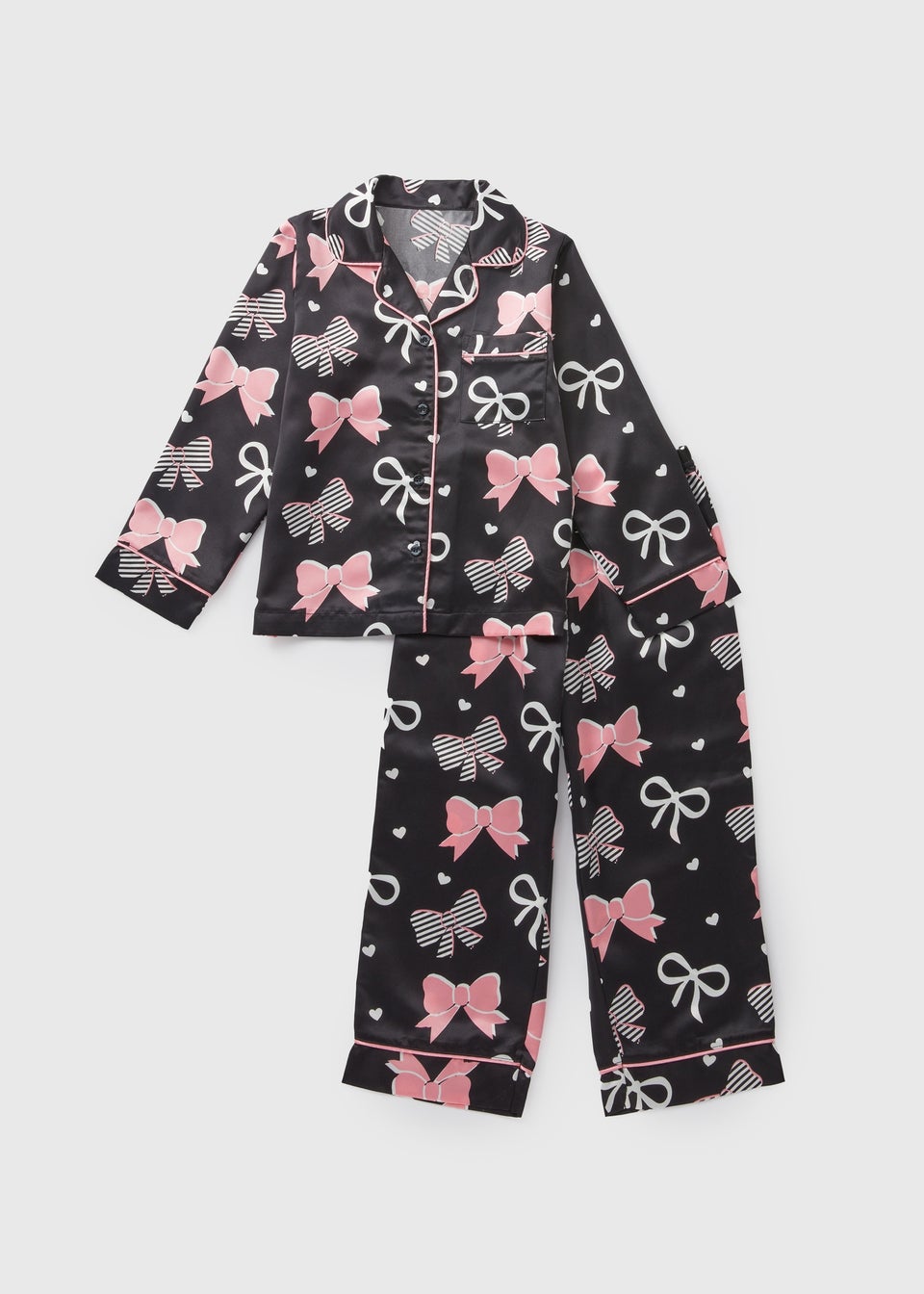 Girls Black Satin Bow Pyjama Set 4 12yrs Matalan
