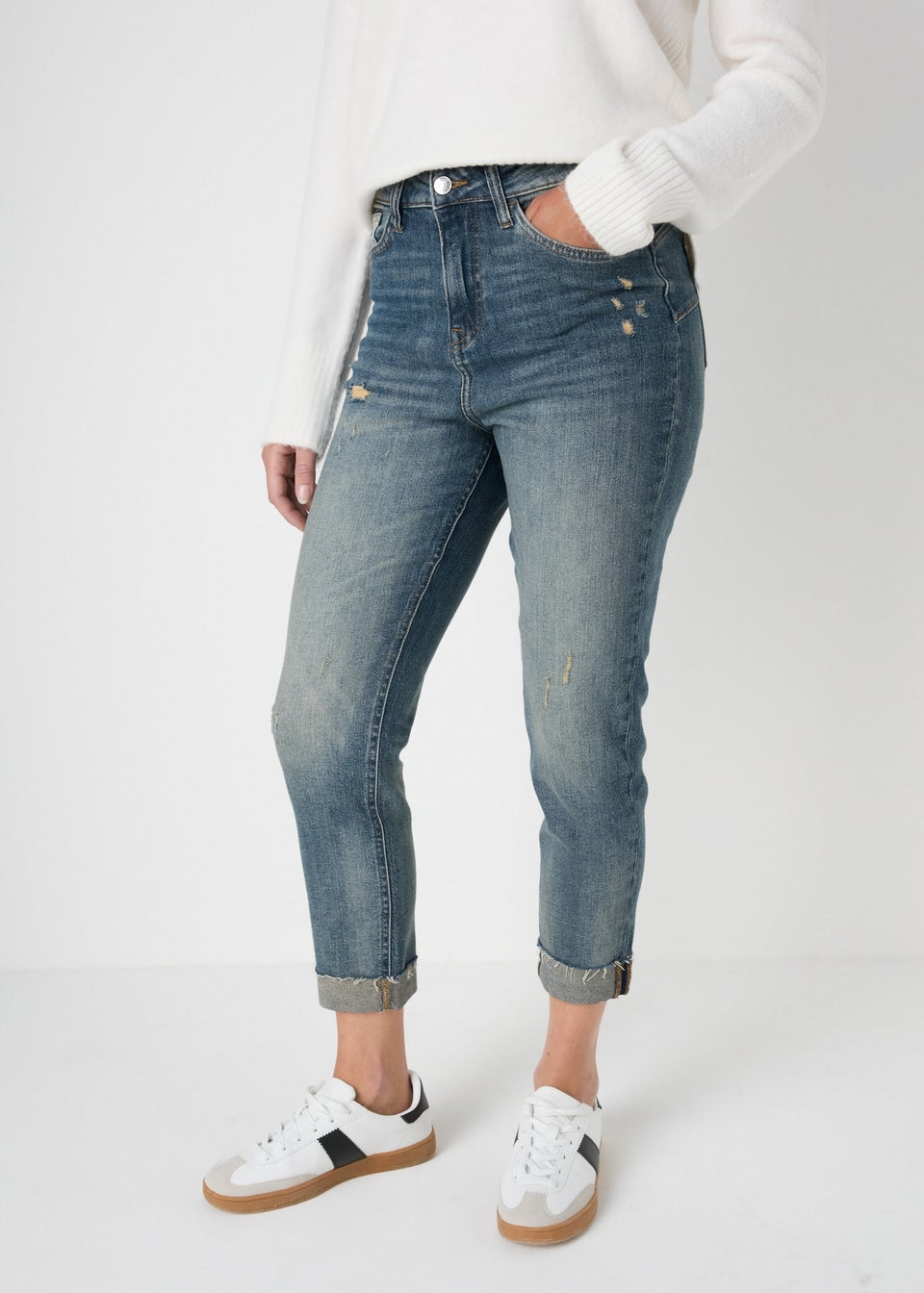 Mid Wash Blue Ripped Mom Jeans