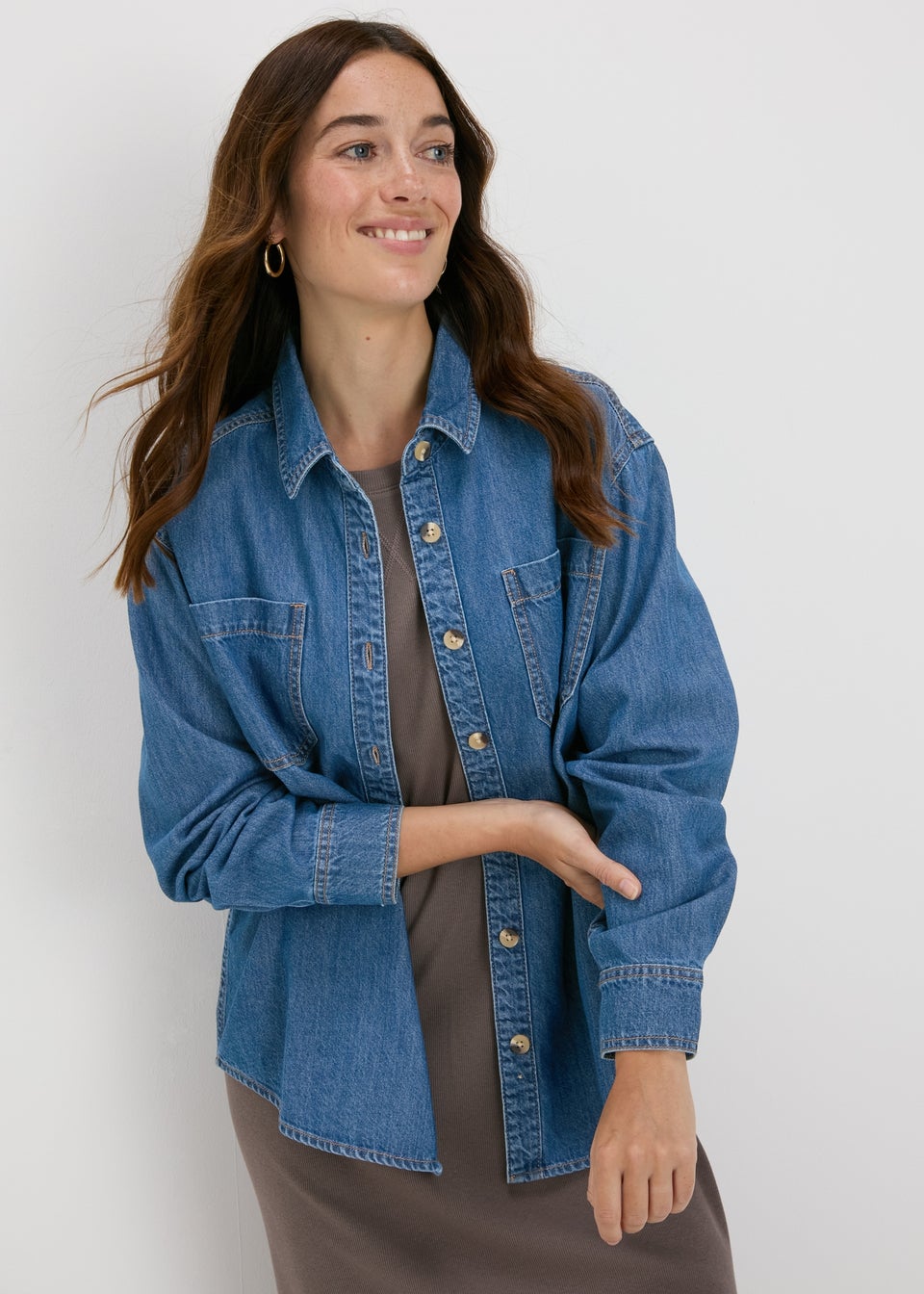 Papaya Petite Mid Wash Denim Shirt Matalan