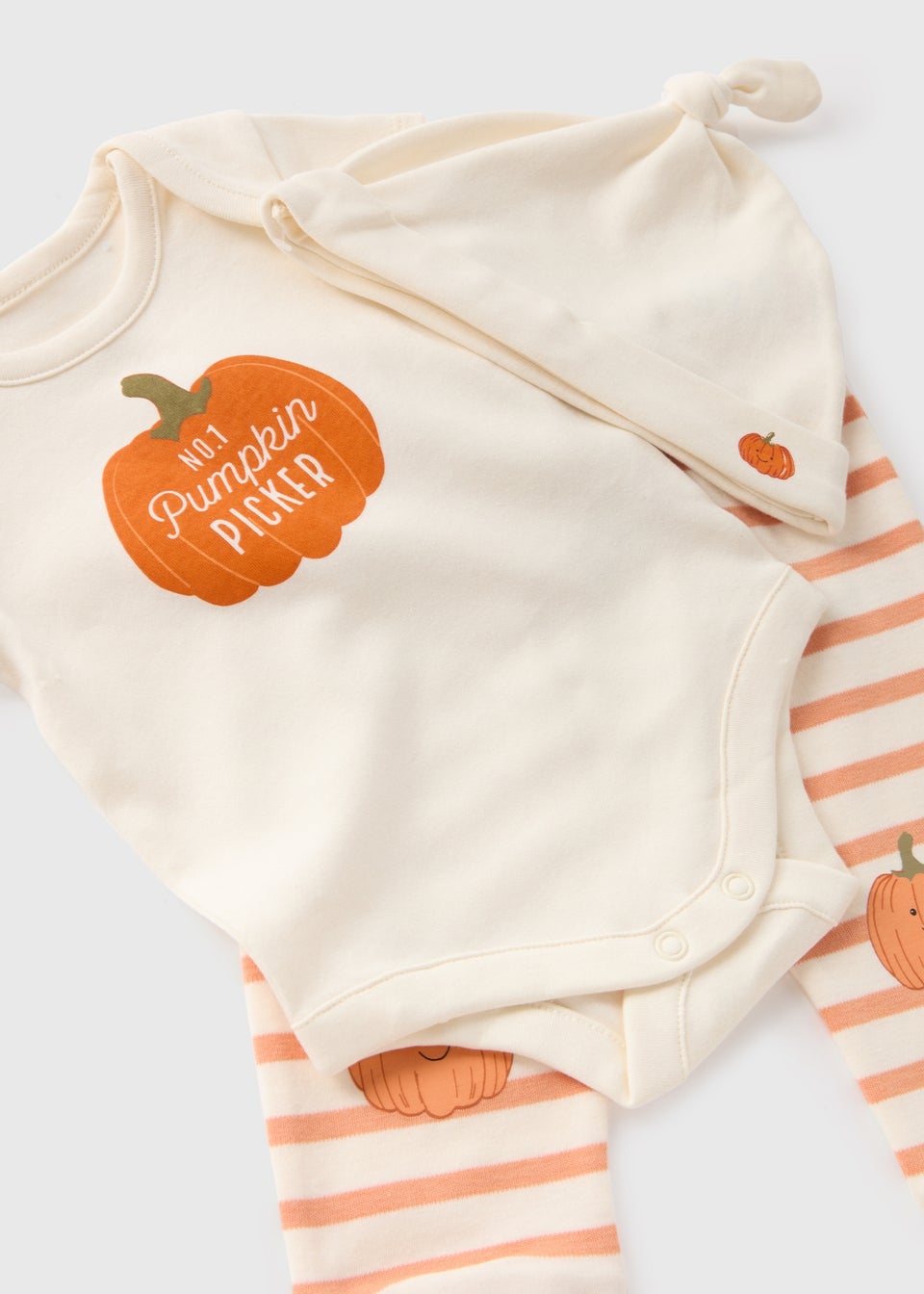 Baby Cream Pumpkin Bodysuit, Hat, & Leggings Set (Newborn-18mths)