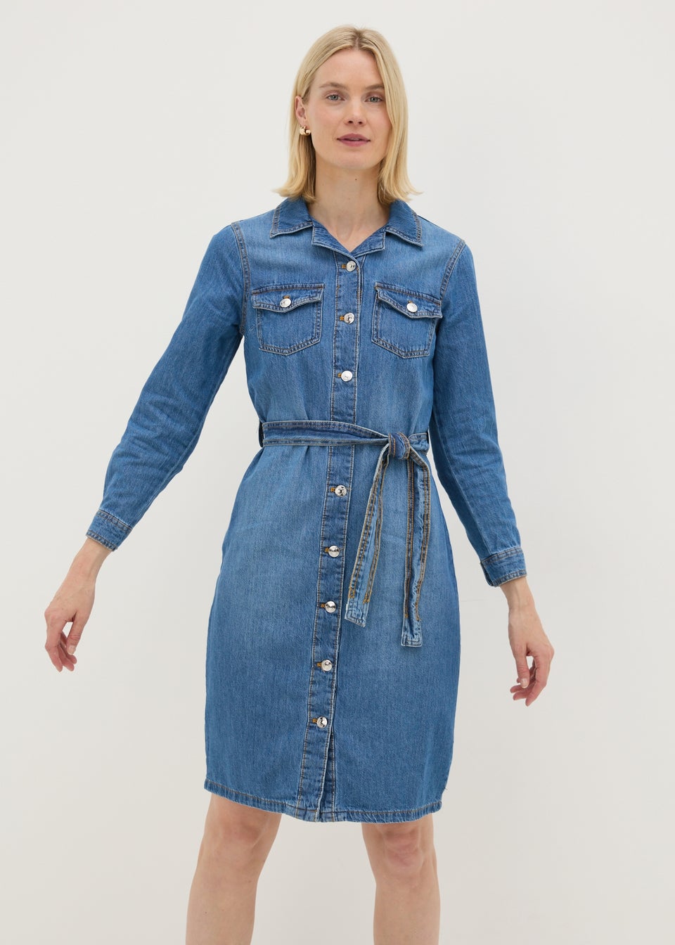 Blue Mid Wash Denim Shirt Dress Matalan
