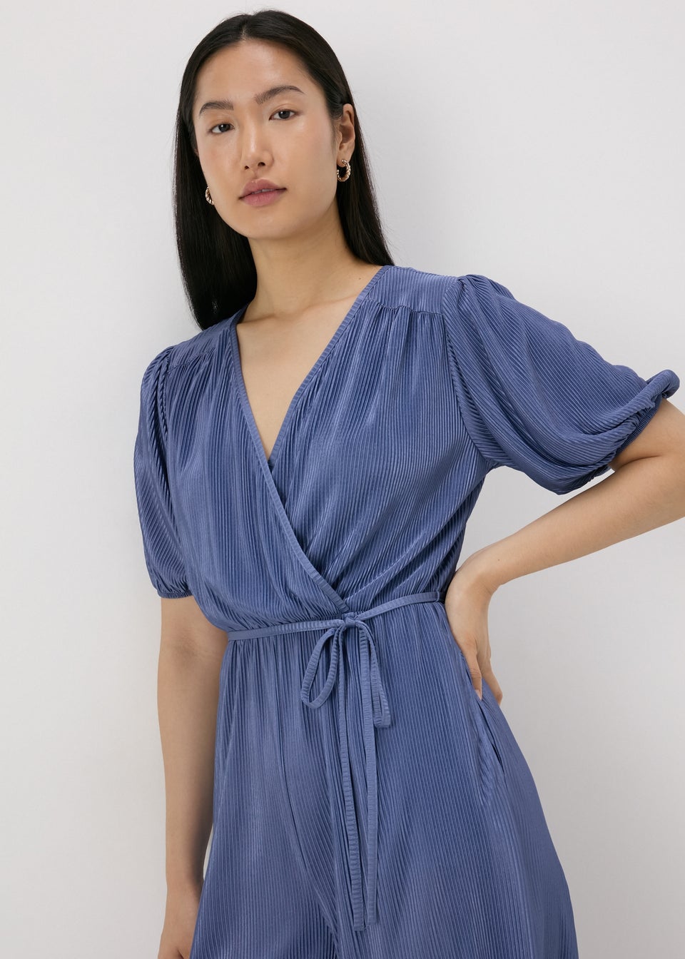 Blue Plisse V-Neck Jumpsuit