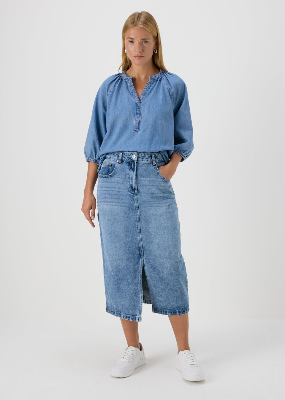 Papaya Petite Light Wash Denim Midi Skirt Matalan
