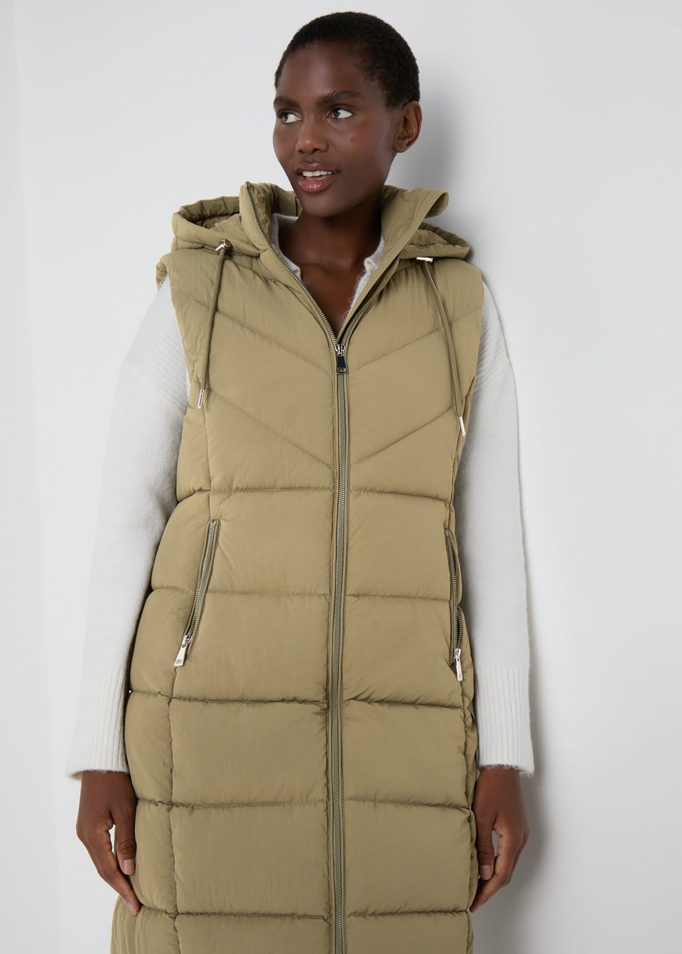 Khaki Long Padded Gilet Matalan