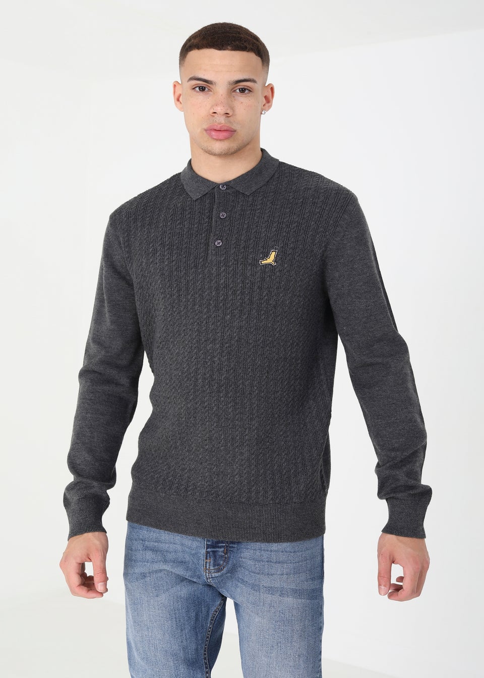 Brave Soul Charcoal Digllinger Long Sleeve Knitted Polo Shirt