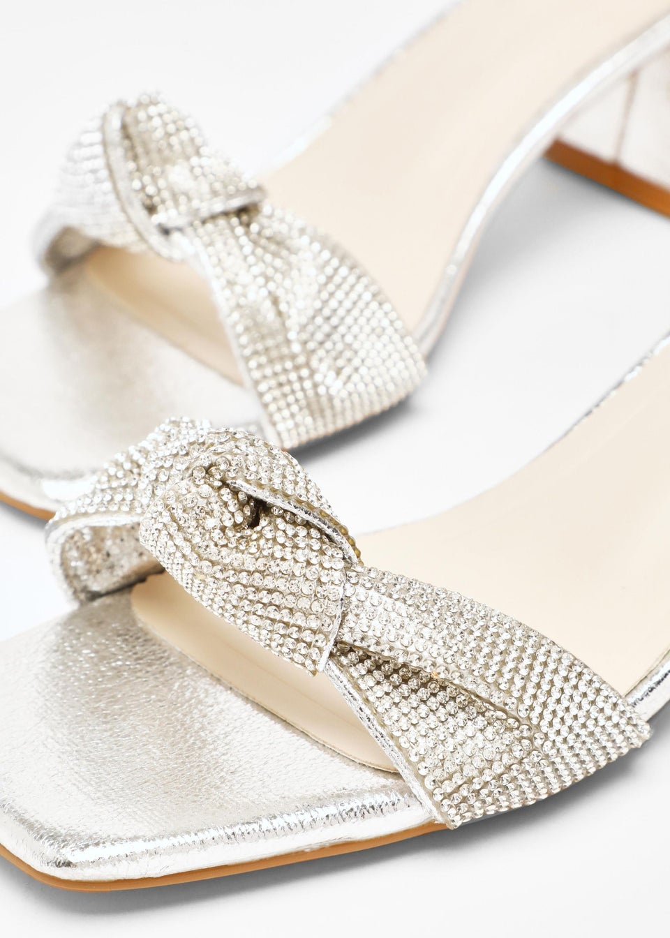 Quiz Silver Foil Diamante Knot Block Heeled Sandals