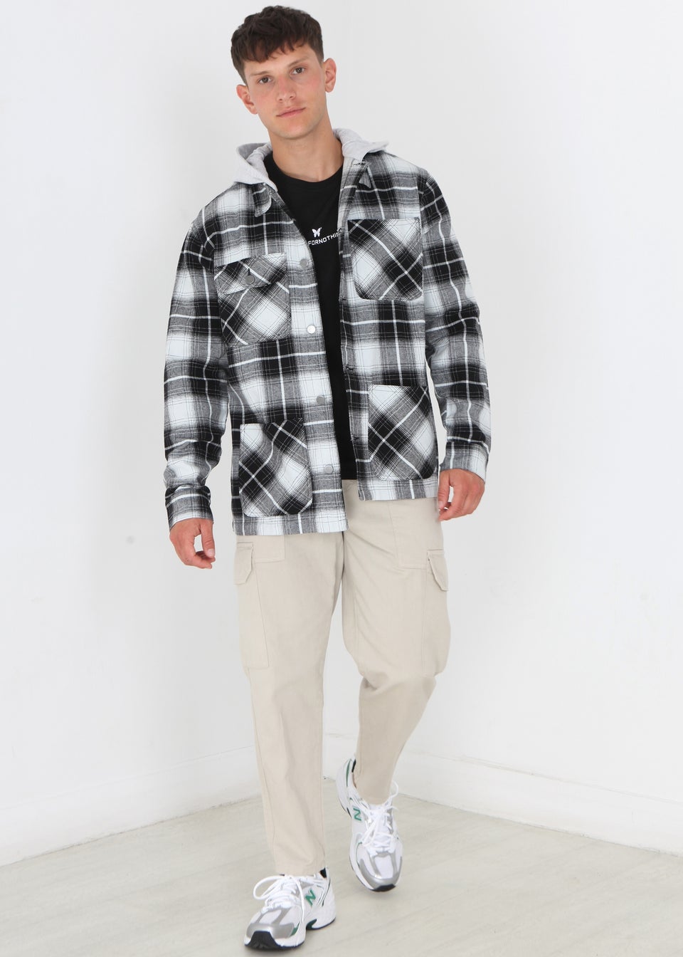 Brave Soul Black Crown Checked Shacket With Jersey Hood