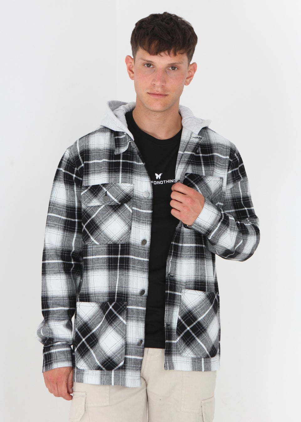 Brave Soul Black Crown Checked Shacket With Jersey Hood