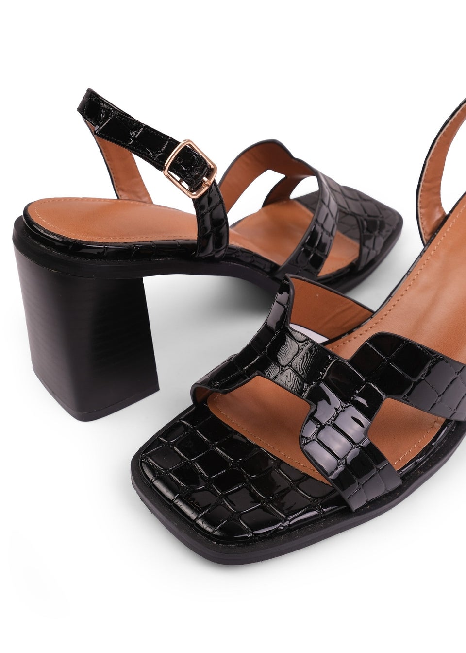 Where's That From Black Croc Patent Stylite Strappy Block Heel Sandals