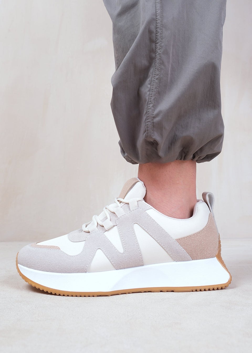 Where's That From Cream PU with Suede Detail Runner Trainers