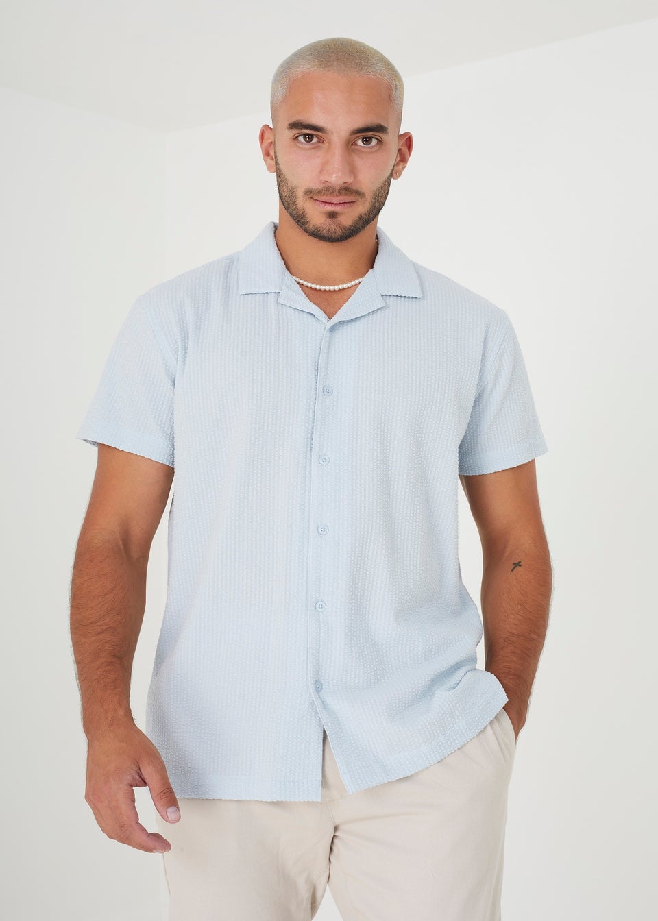 Brave Soul Pale Blue Luca Short Sleeve Fine Stripe Revere Collar Shirt