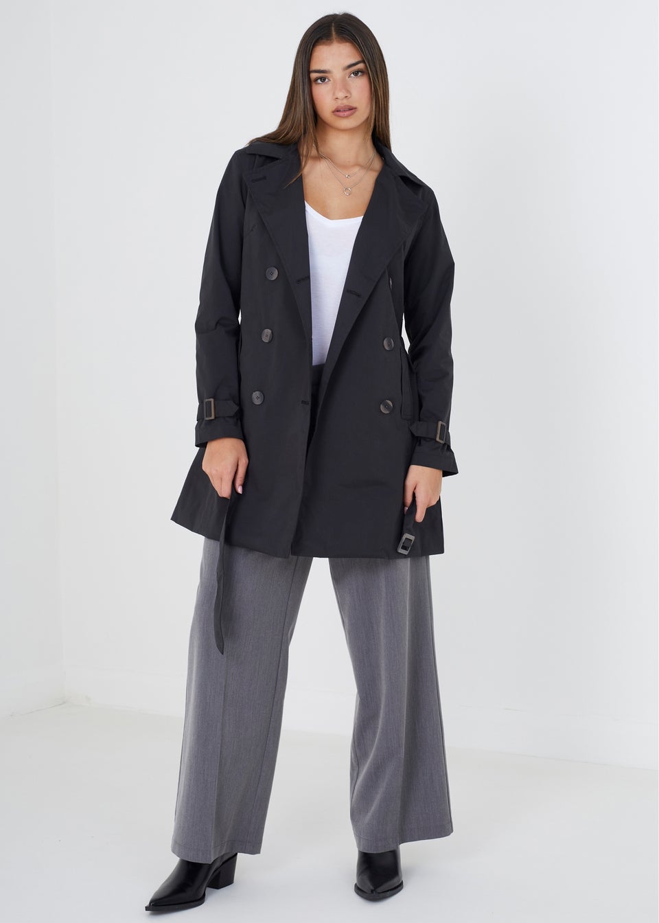 Brave Soul Black Double Breasted Belted Trench Coat