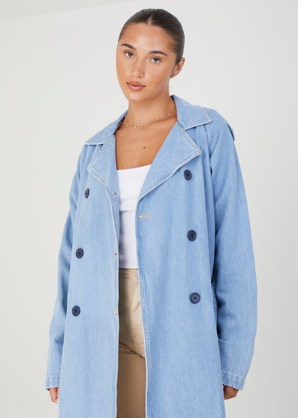 Brave Soul Blue Double-Breasted Longline Trench Coat with Raglan Sleeves
