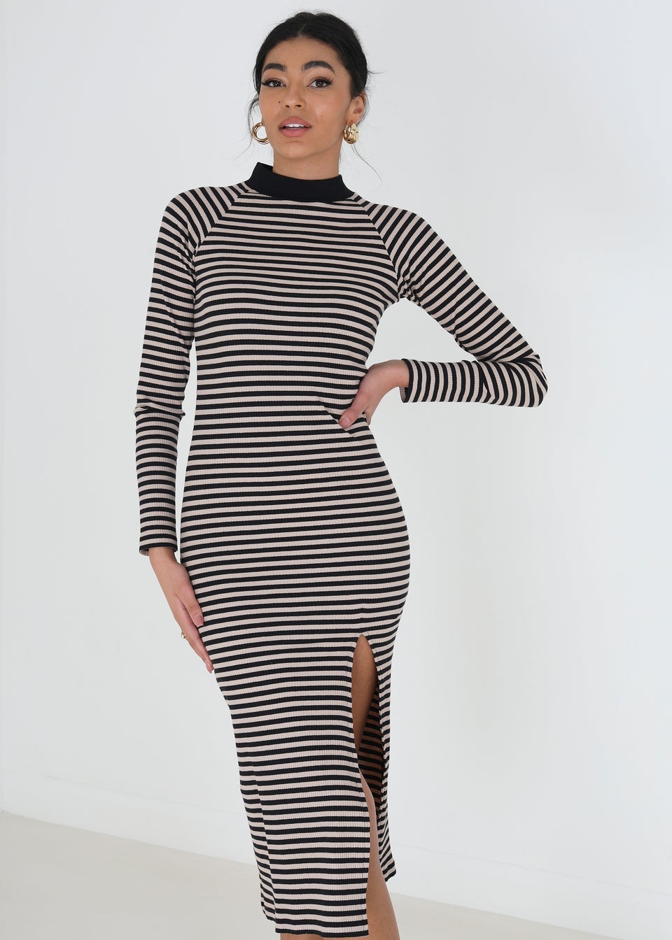 Brave Soul Black Cotton Blend Sloane Midi Rib Knit Stripe Dress with Split
