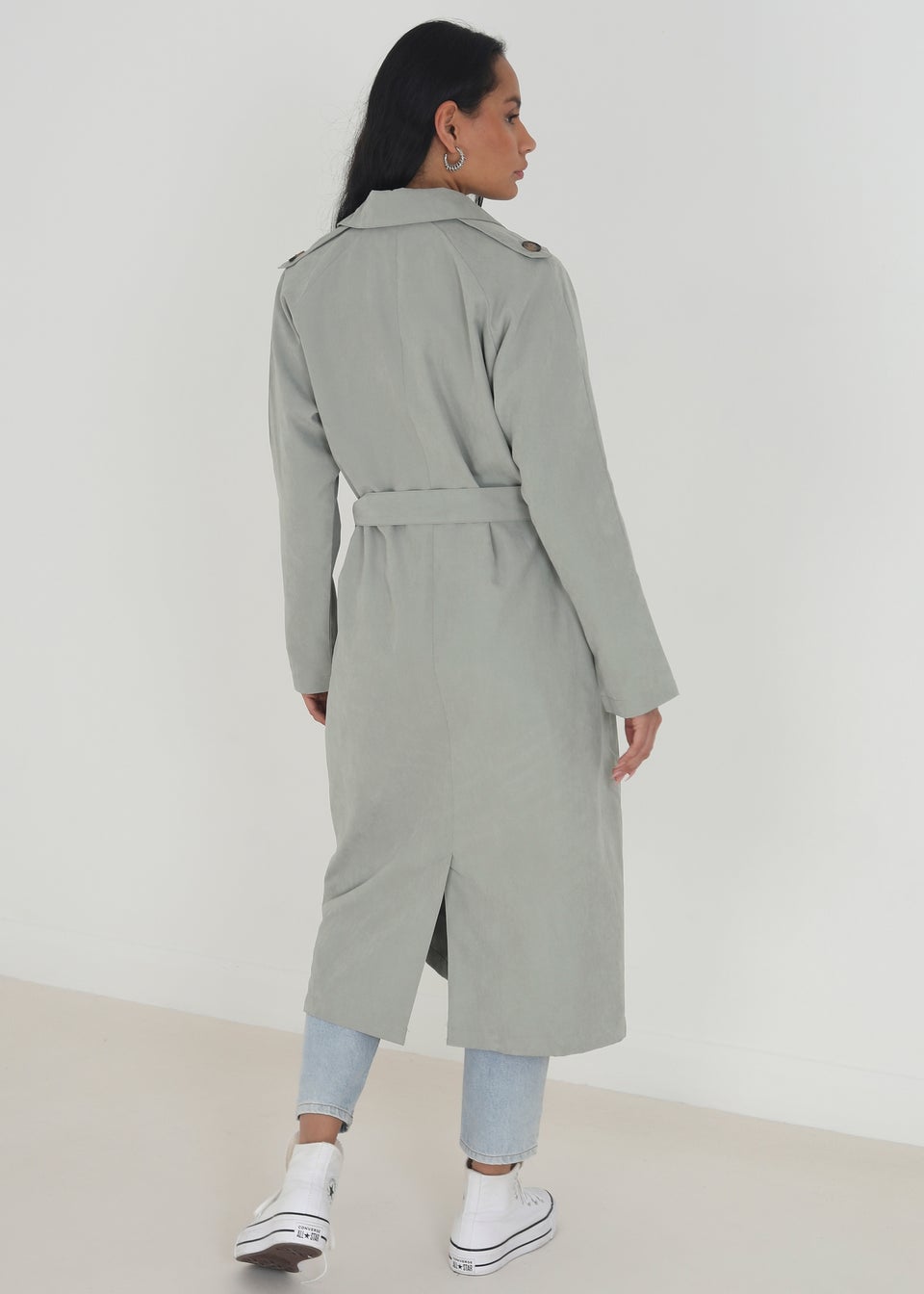 Brave Soul Soft Green Double-Breasted Longline Trench Coat with Raglan Sleeves