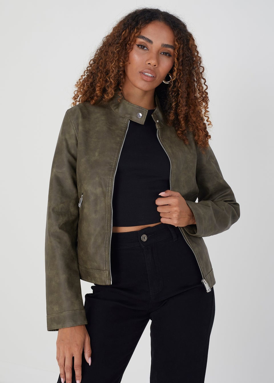 Brave Soul Khaki Faux Leather Round Neck Biker Jacket Matalan