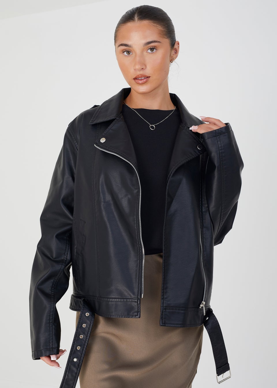 Brave Soul Black Coney Faux Leather PU Oversized Jacket