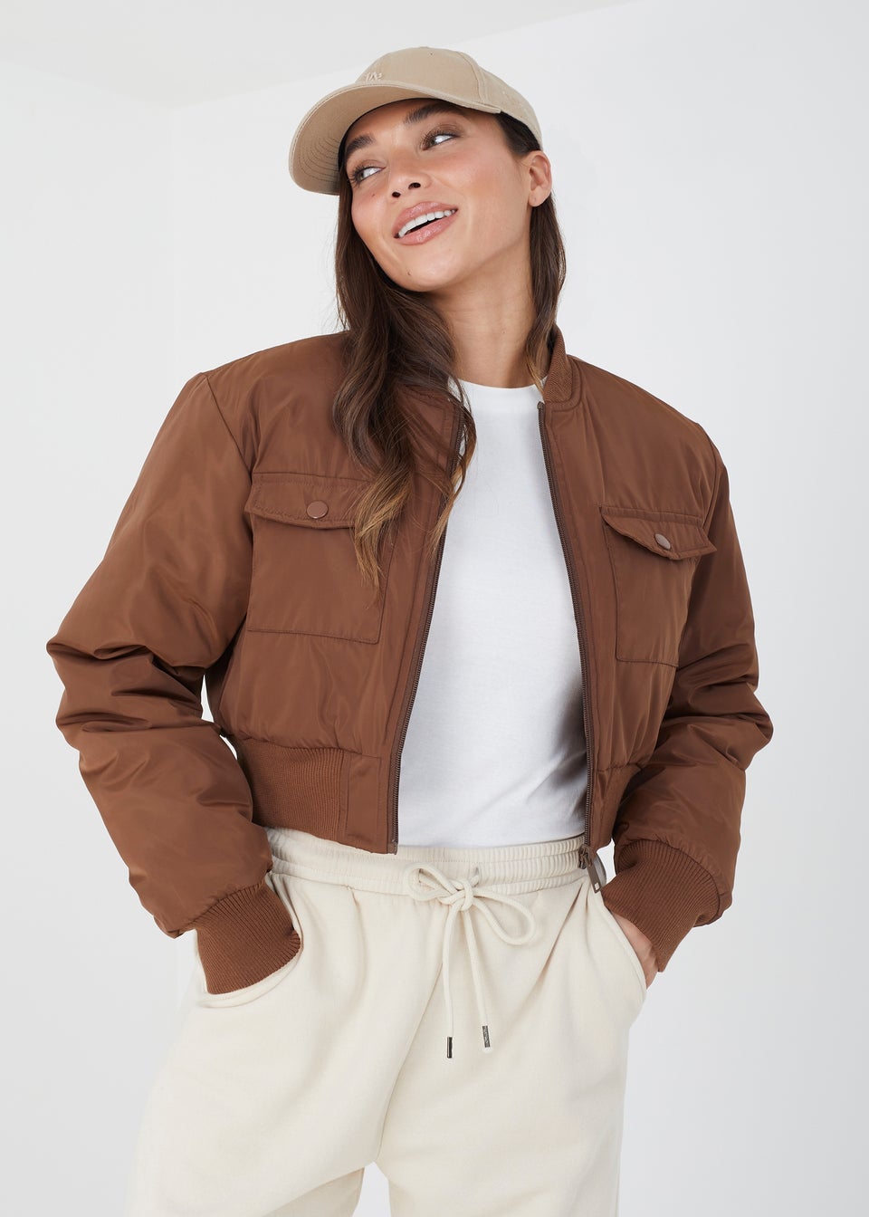 Brave Soul Tan Cropped Bomber Jacket Matalan