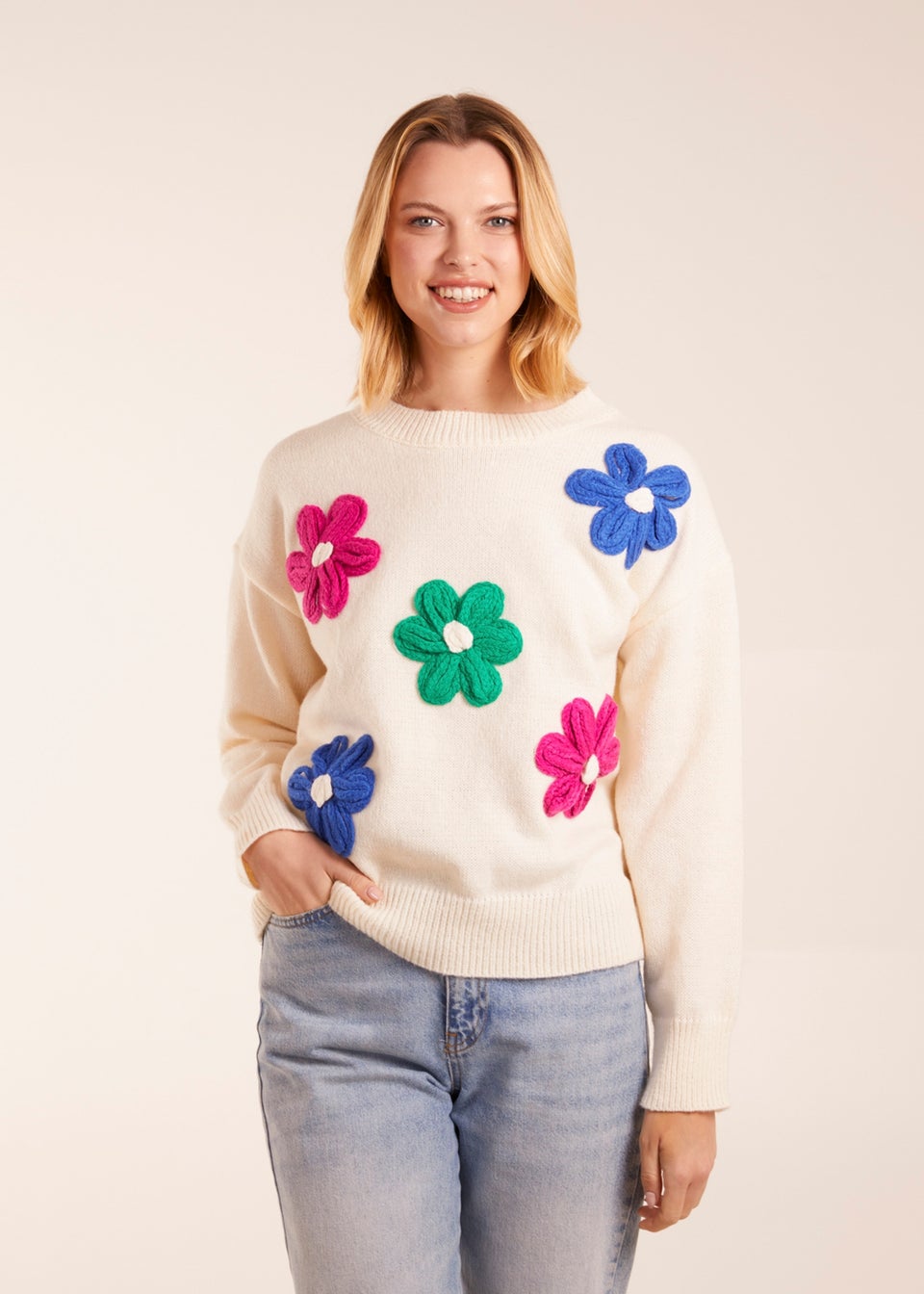 Blue Vanilla Ivory Patchwork Embroidered Daisy Flower Knit Jumper