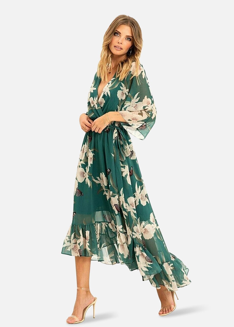 Yumi Floral Print Green Kimono Midi Wrap Dress
