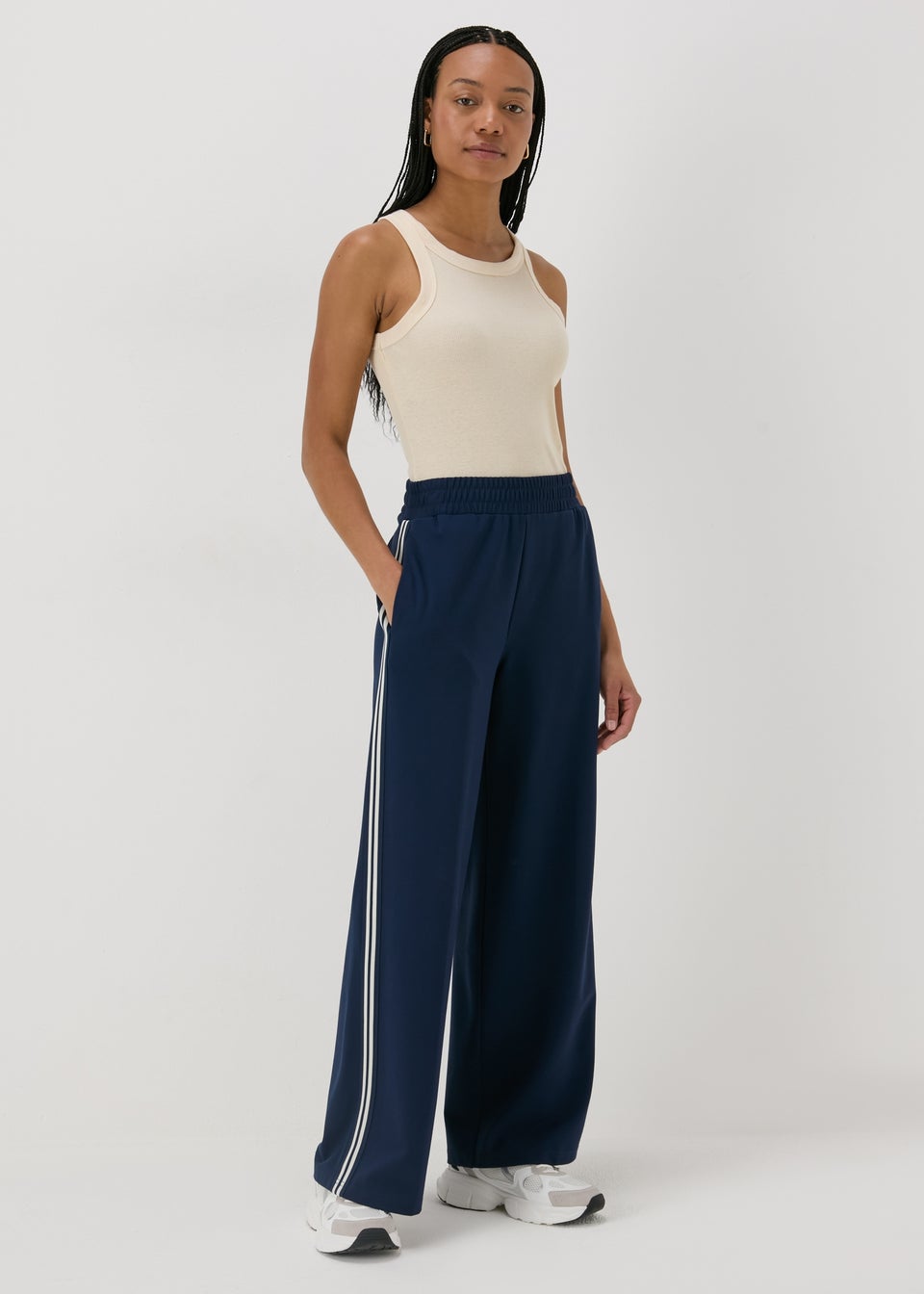 Navy Side Stripe Wide Leg Trousers