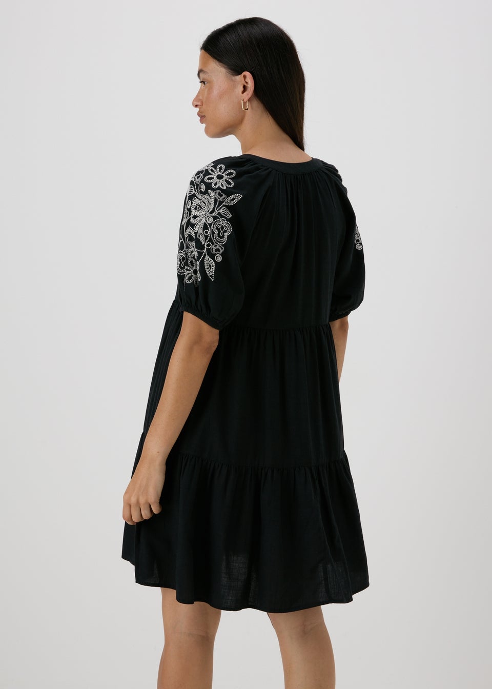Black Embroidered Tiered Smock Dress