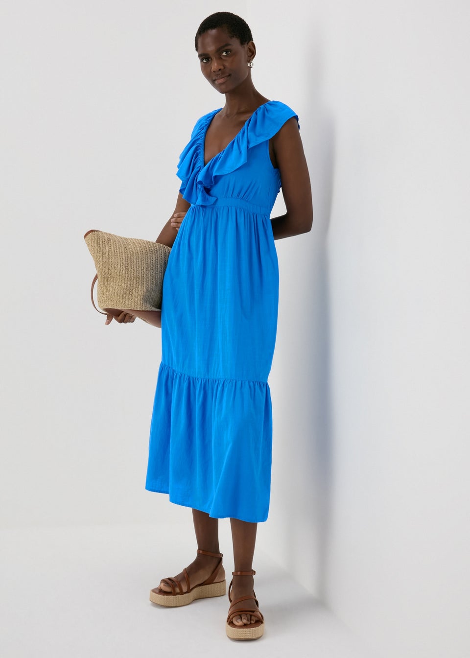 Blue Frill V-Neck Midi Dress