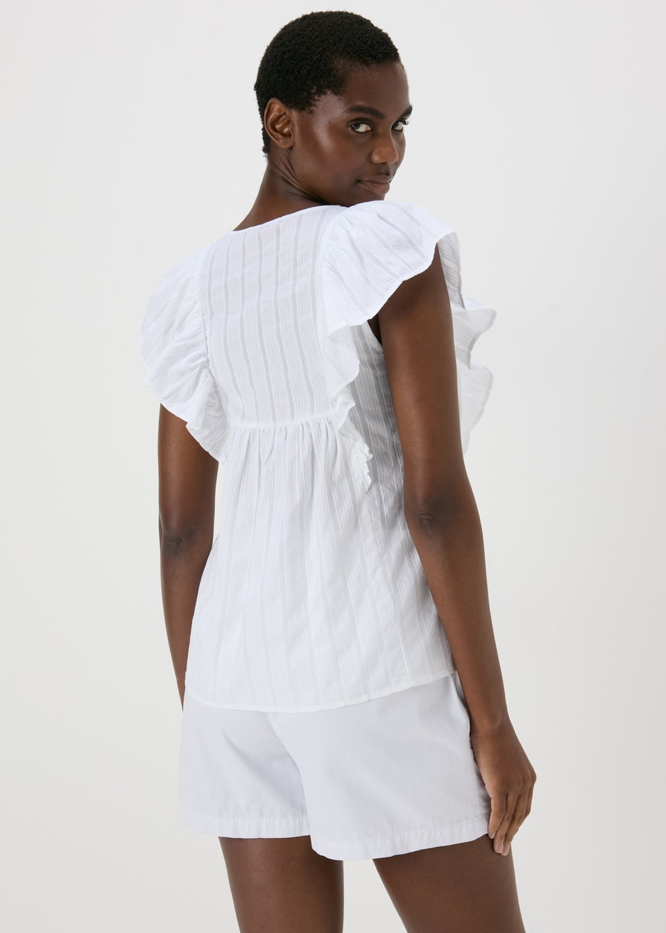 White Dobby Frill Sleeve V-Neck Blouse