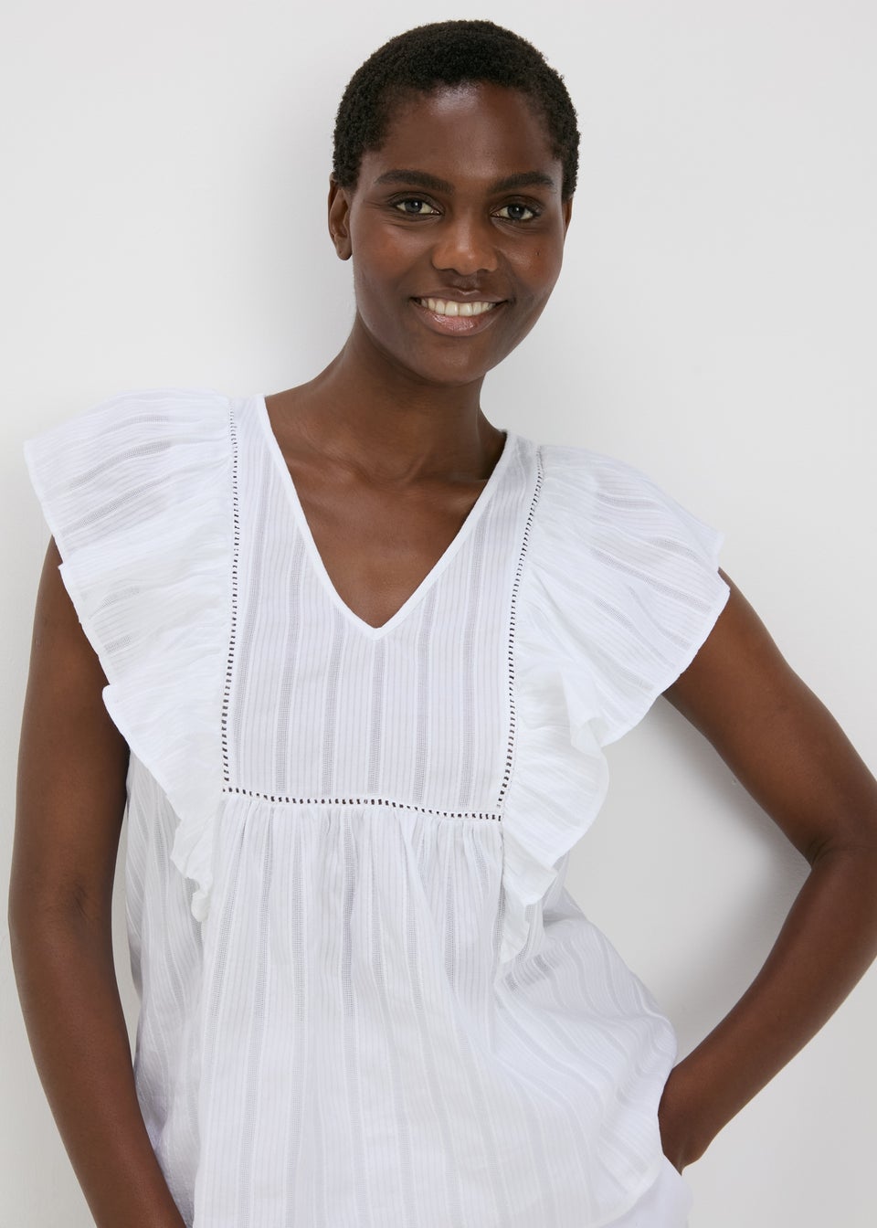 White Dobby Frill Sleeve V Neck Blouse Matalan