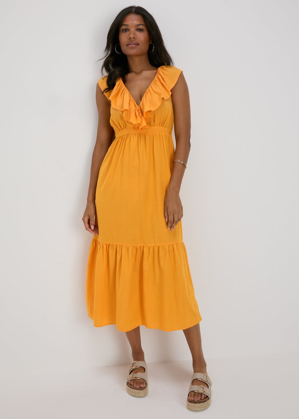 Yellow Frill V-Neck Midi Dress