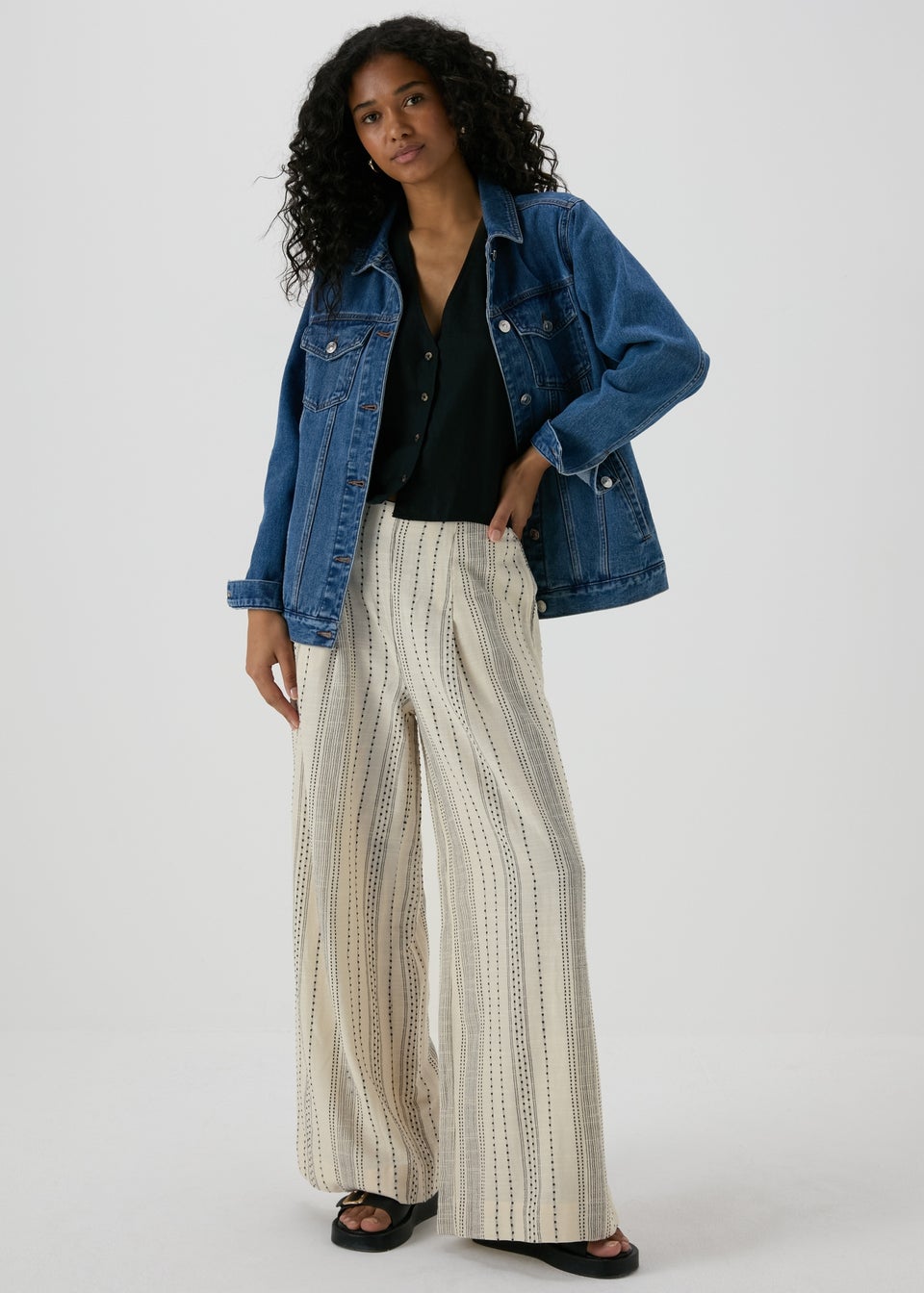 Ecru Stripe Cotton Wide Leg Trousers