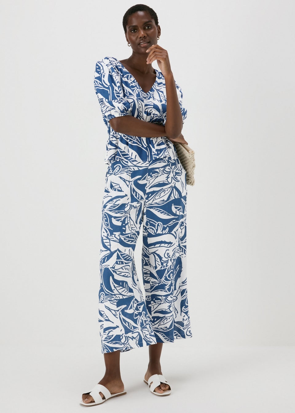 Blue Printed Crinkle Crop Trousers