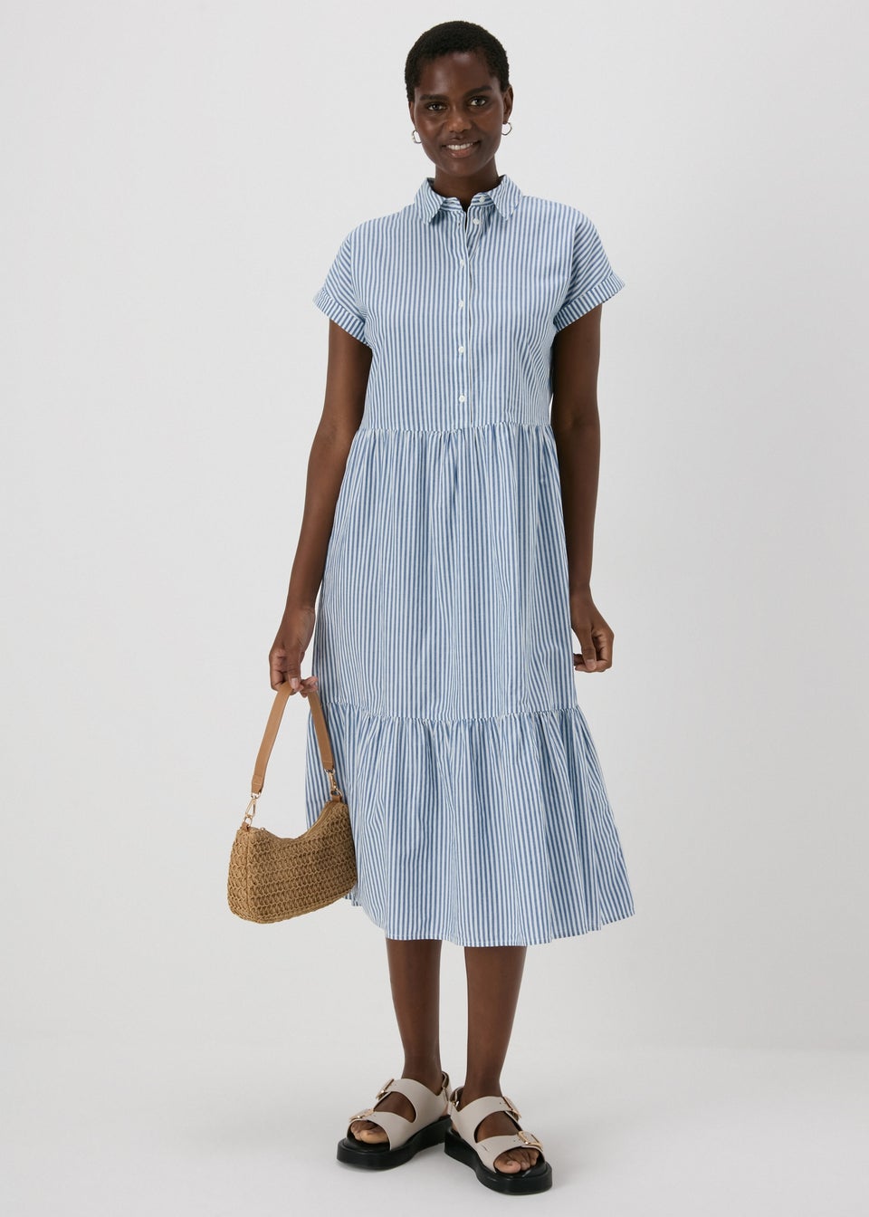 Blue Stripe Tiered Shirt Midi Dress