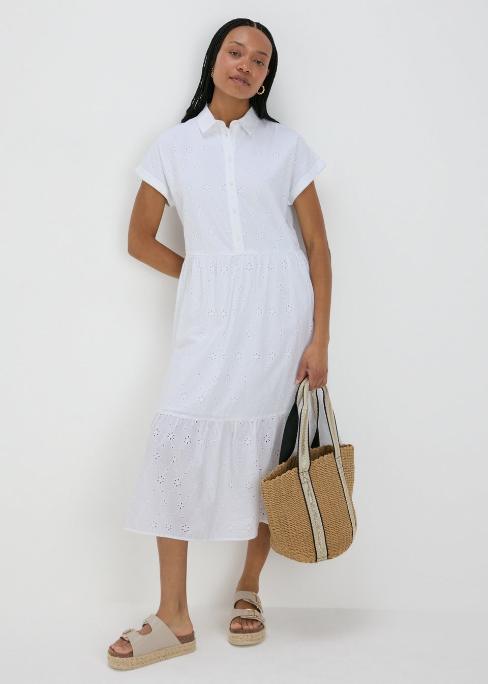 White Broderie Shirt Midi Dress
