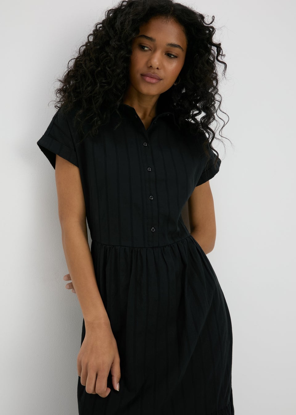 Black Dobby Stripe Shirt Midi Dress